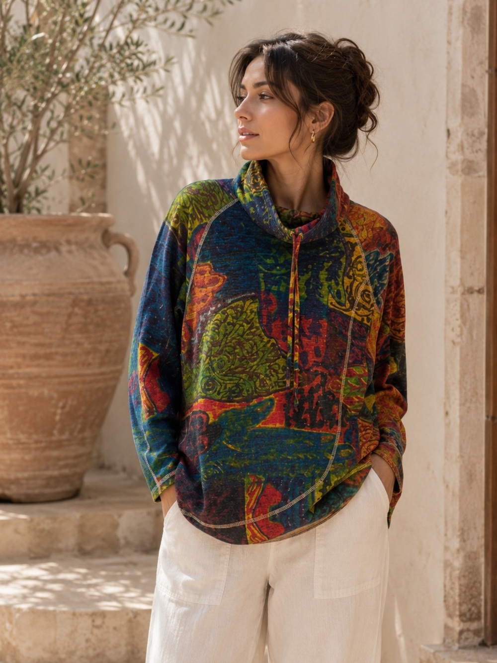 Funsport Tunic Sweater Multicolor Patch Printes Boho Artsy Festival Chic Medium